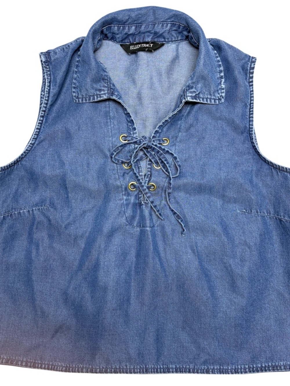 ELLEN TRACY blue S sleeveless cropped pullover tencel lace-up collar vintage